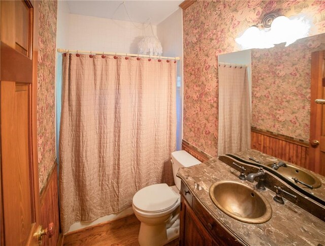 bathroom featuring wood walls, vanity, hardwood / wood-style flooring, and toilet