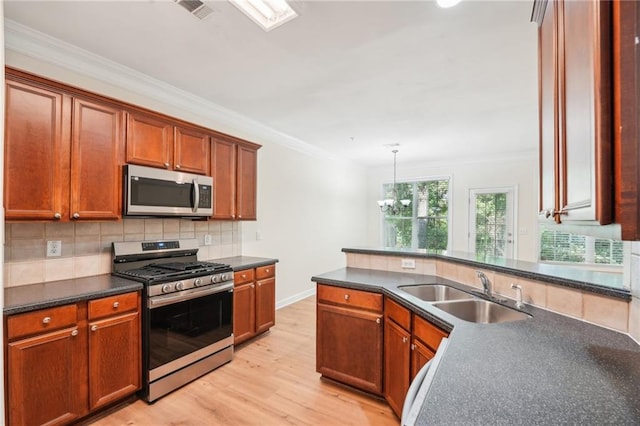 kitchen featuring ornamental molding, appliances with stainless steel finishes, light wood-type flooring, and sink