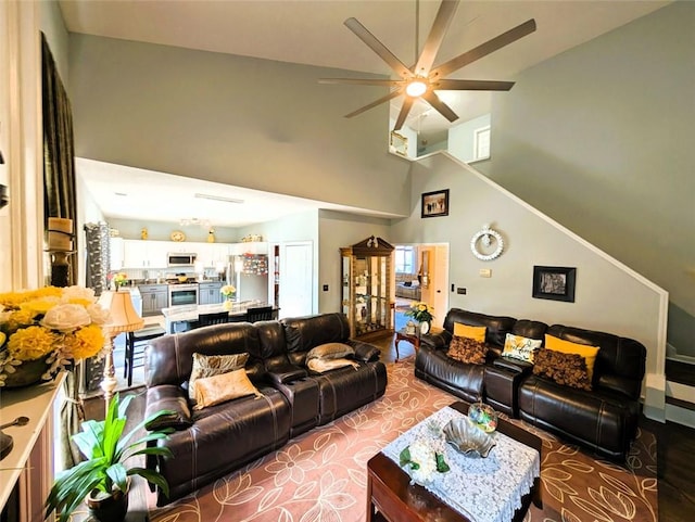 640 Dahoma Trl, Woodstock, GA 30188 - living area with a ceiling fan, wood finished floors, and high vaulted ceiling