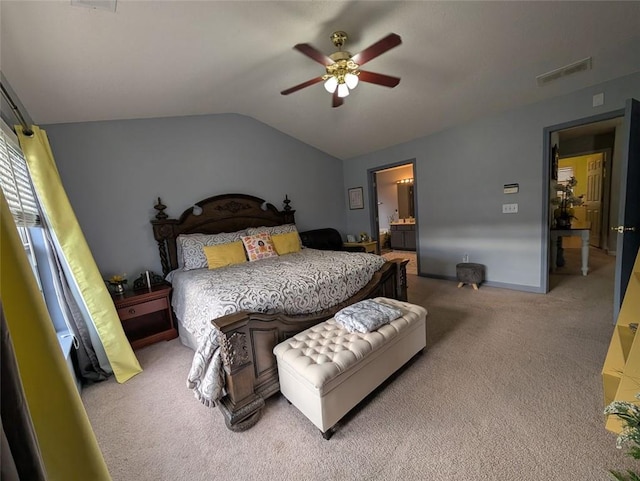 640 Dahoma Trl, Woodstock, GA 30188 - carpeted bedroom featuring lofted ceiling, a ceiling fan, and ensuite bathroom