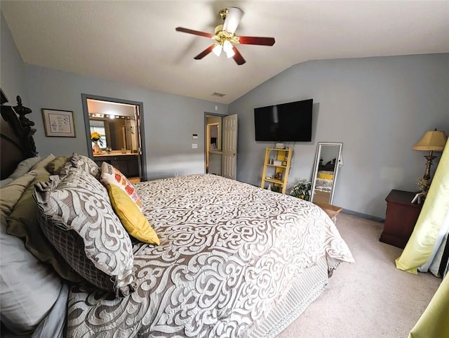 640 Dahoma Trl, Woodstock, GA 30188 - carpeted bedroom featuring vaulted ceiling, ensuite bathroom, and ceiling fan