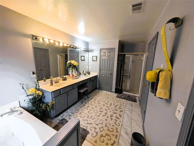 640 Dahoma Trl, Woodstock, GA 30188 - bathroom featuring a shower stall, double vanity, a whirlpool tub, and marble look tiles