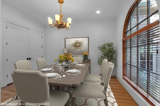 89 Somerset Ln, Cartersville, GA 30121 - dining room with a chandelier, light wood-style flooring, ornamental molding, recessed lighting, and baseboards