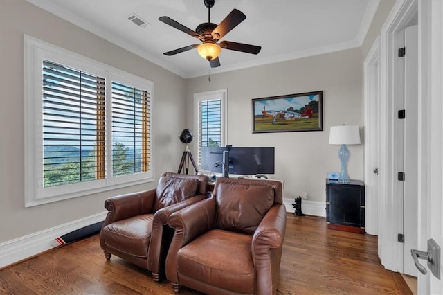 89 Somerset Ln, Cartersville, GA 30121 - sitting room featuring wood finished floors, a ceiling fan, baseboards, and ornamental molding