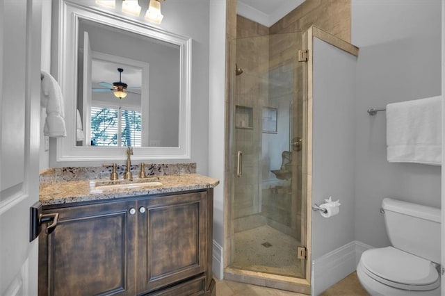 89 Somerset Ln, Cartersville, GA 30121 - bathroom with vanity, a stall shower, toilet, and a ceiling fan