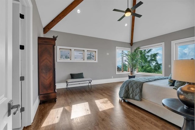 89 Somerset Ln, Cartersville, GA 30121 - bedroom featuring beamed ceiling, multiple windows, wood finished floors, high vaulted ceiling, and baseboards