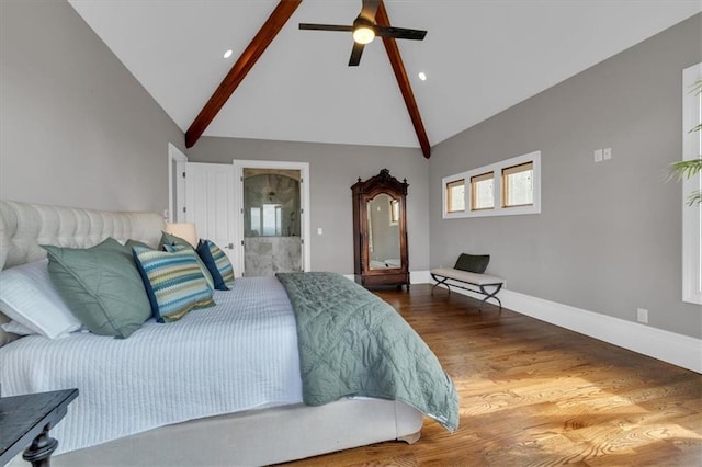 89 Somerset Ln, Cartersville, GA 30121 - bedroom featuring beamed ceiling, high vaulted ceiling, wood finished floors, baseboards, and a ceiling fan