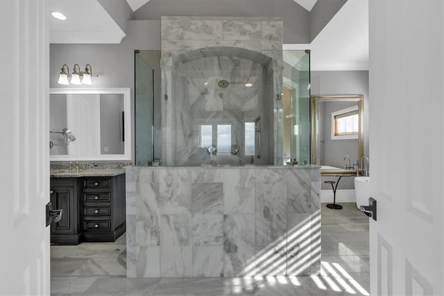 89 Somerset Ln, Cartersville, GA 30121 - bathroom with a marble finish shower, vanity, a freestanding bath, and crown molding