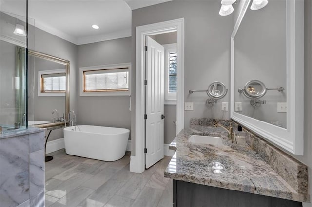 89 Somerset Ln, Cartersville, GA 30121 - full bath with vanity, a freestanding tub, ornamental molding, baseboards, and a shower