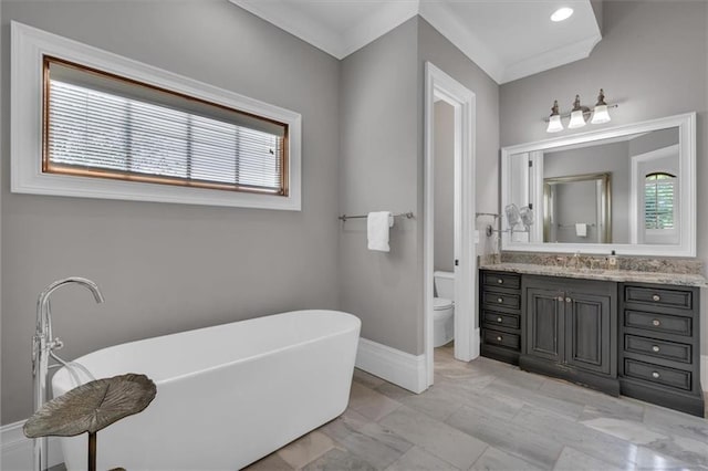 89 Somerset Ln, Cartersville, GA 30121 - full bath with vanity, a soaking tub, toilet, baseboards, and crown molding