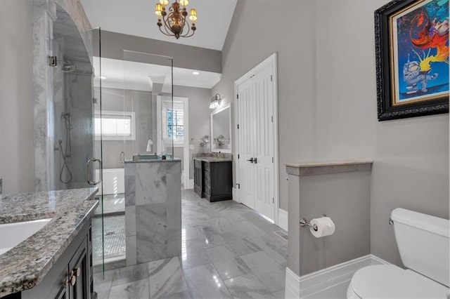 89 Somerset Ln, Cartersville, GA 30121 - bathroom with vanity, a chandelier, toilet, a marble finish shower, and marble finish flooring