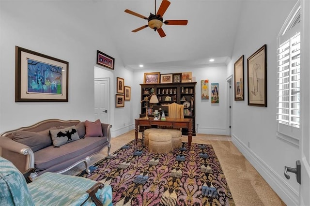 89 Somerset Ln, Cartersville, GA 30121 - office space featuring light carpet, a ceiling fan, high vaulted ceiling, recessed lighting, and baseboards