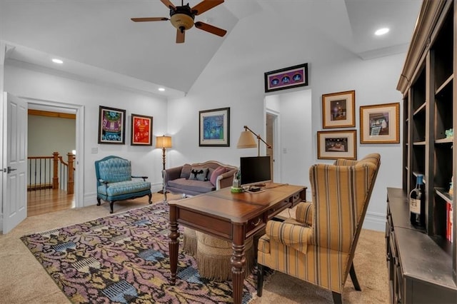 89 Somerset Ln, Cartersville, GA 30121 - home office with carpet floors, a ceiling fan, recessed lighting, high vaulted ceiling, and baseboards