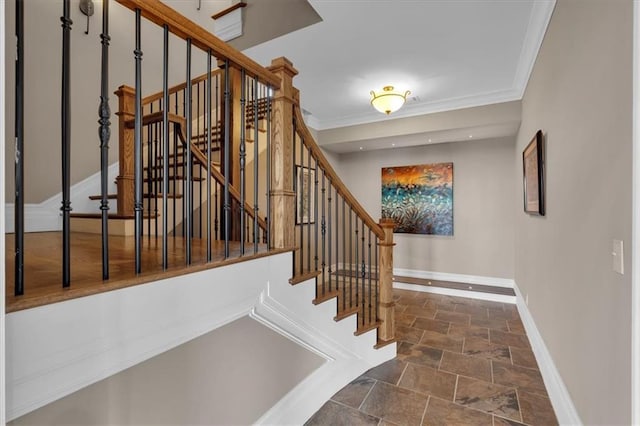 89 Somerset Ln, Cartersville, GA 30121 - stairway featuring stone finish flooring, baseboards, ornamental molding, and recessed lighting