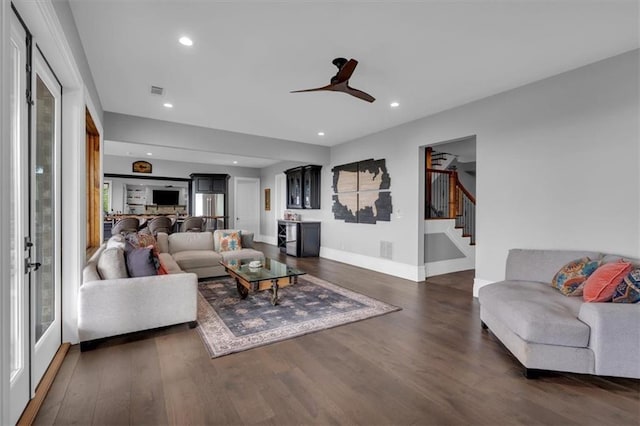 89 Somerset Ln, Cartersville, GA 30121 - living area featuring dark wood finished floors, a ceiling fan, recessed lighting, stairs, and baseboards