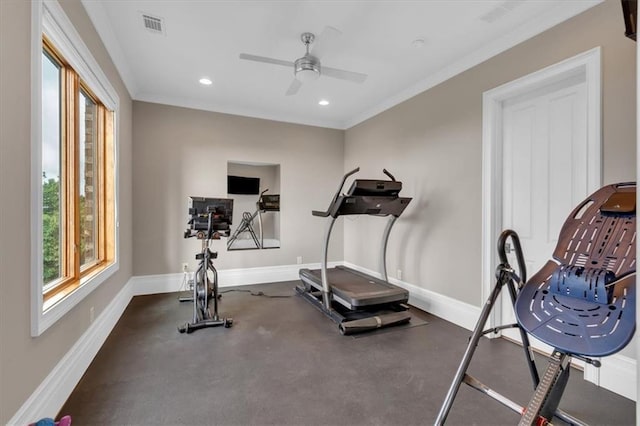 89 Somerset Ln, Cartersville, GA 30121 - exercise area featuring ceiling fan, baseboards, recessed lighting, and crown molding