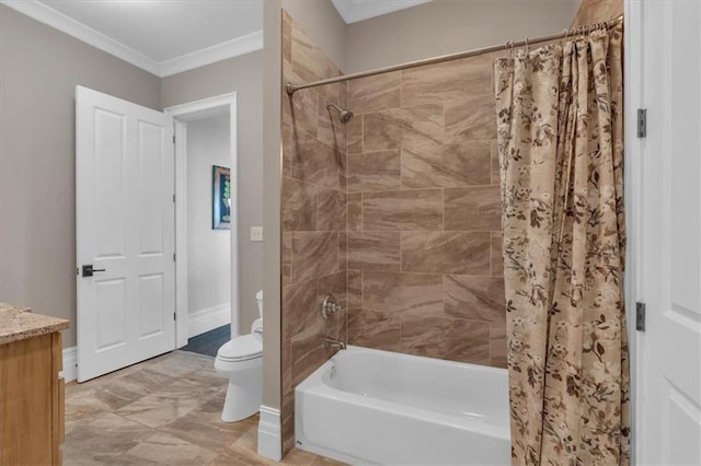 89 Somerset Ln, Cartersville, GA 30121 - full bath with toilet, shower / bath combo with shower curtain, vanity, baseboards, and crown molding