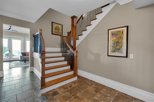 89 Somerset Ln, Cartersville, GA 30121 - staircase featuring baseboards, stone tile flooring, and french doors