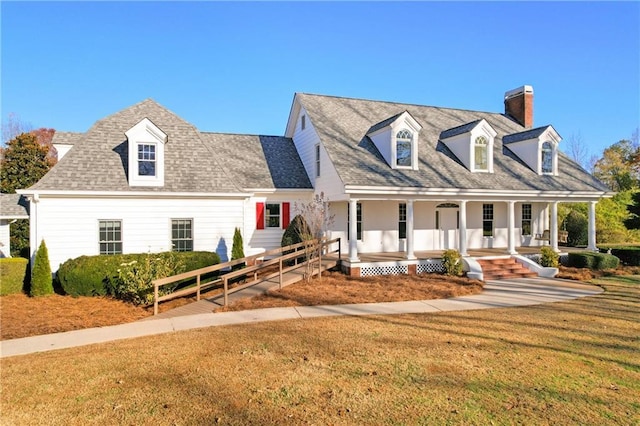 cape cod home with a front yard and covered porch