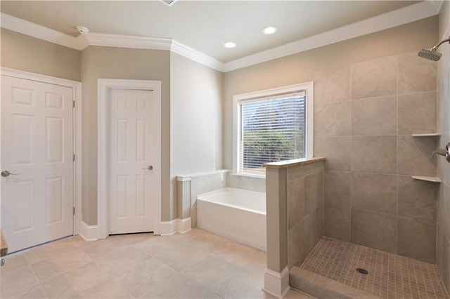 bathroom with crown molding, plus walk in shower, and tile flooring