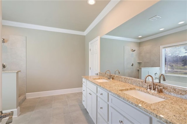 bathroom with dual bowl vanity, ornamental molding, tile flooring, and a tile shower