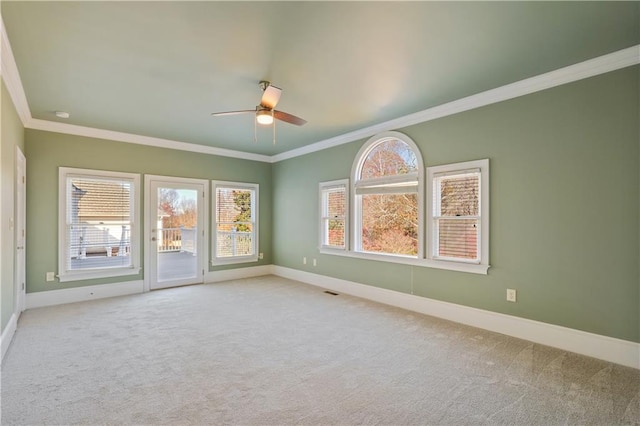 carpeted spare room with ceiling fan and ornamental molding