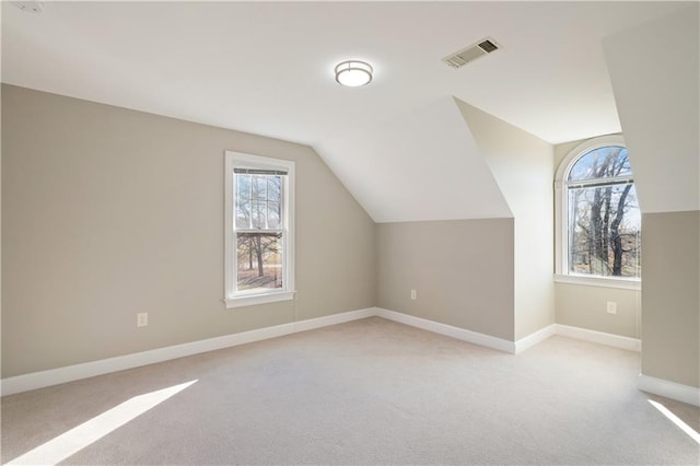 additional living space with light carpet and vaulted ceiling