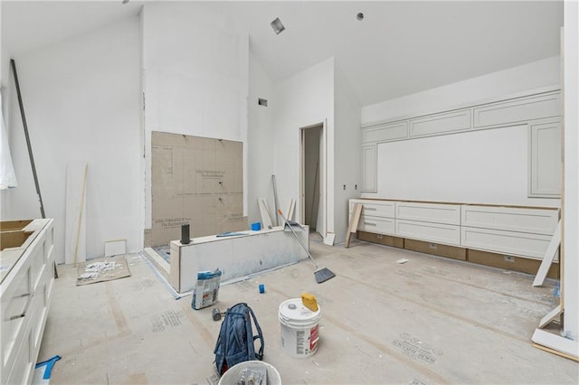 bathroom featuring high vaulted ceiling