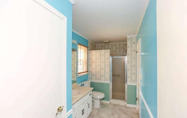 290 Timber Ridge Trl, Carrollton, GA 30117 - full bathroom featuring vanity, a shower stall, wallpapered walls, and a textured ceiling
