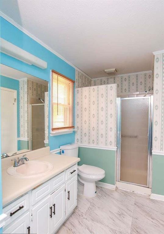 290 Timber Ridge Trl, Carrollton, GA 30117 - bathroom featuring vanity, a stall shower, wallpapered walls, and crown molding