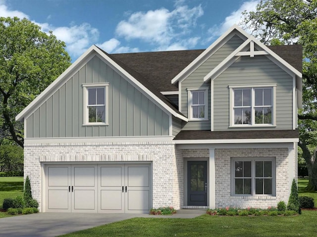 view of front facade with roof with shingles, an attached garage, brick siding, concrete driveway, and board and batten siding