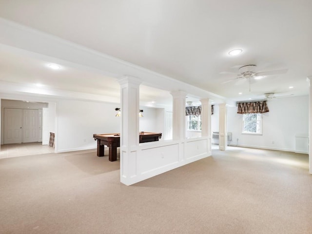2910 Waverly Place Dr, Dacula, GA 30019 - basement featuring light carpet, billiards table, a ceiling fan, and recessed lighting