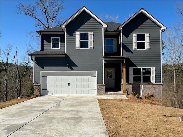 view of front of house with concrete driveway, brick siding, a garage, and roof with shingles