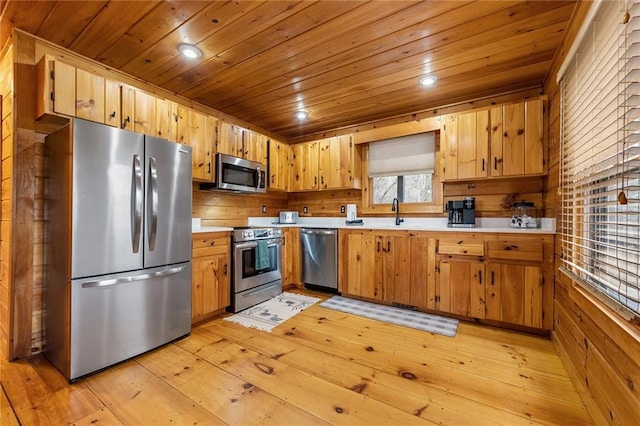 kitchen with light wood-style floors, appliances with stainless steel finishes, wooden ceiling, wooden walls, and light countertops
