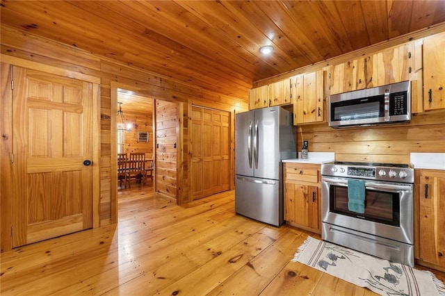 kitchen with wooden walls, wood ceiling, light countertops, light wood-style flooring, and appliances with stainless steel finishes