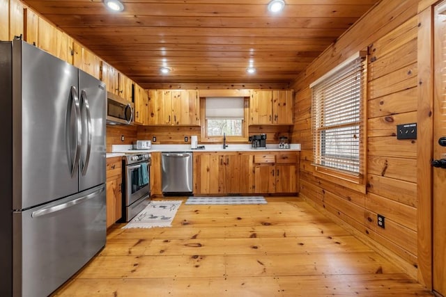 kitchen featuring wooden ceiling, appliances with stainless steel finishes, plenty of natural light, and wood walls