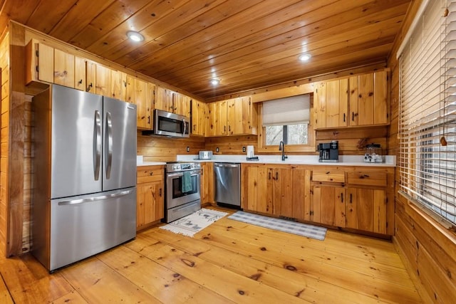 kitchen featuring wood ceiling, light hardwood / wood-style flooring, wood walls, and appliances with stainless steel finishes