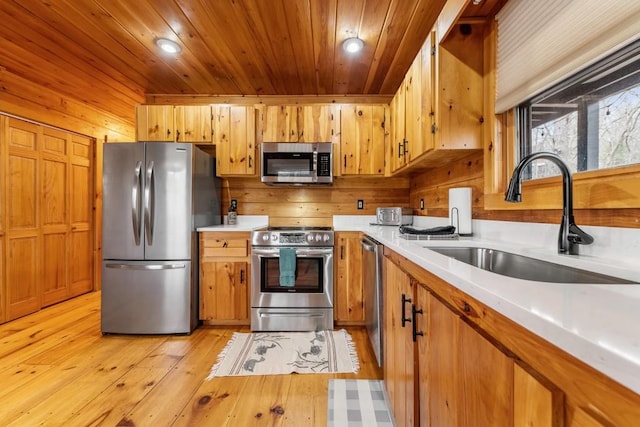 kitchen featuring sink, wood ceiling, stainless steel appliances, light wood-type flooring, and wood walls