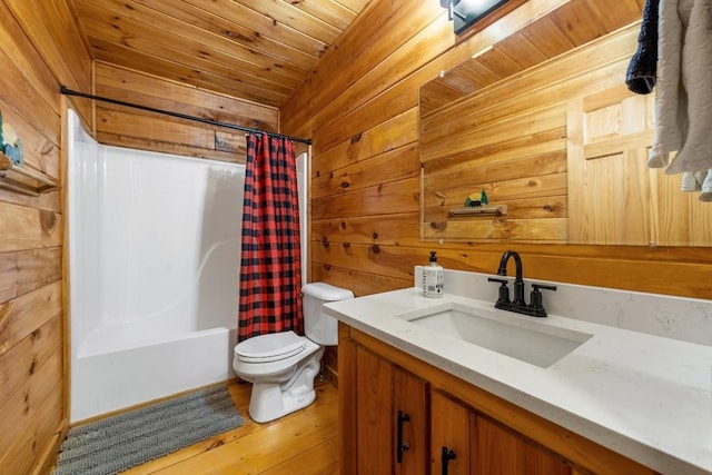 full bathroom with toilet, wooden ceiling, shower / bathtub combination with curtain, and wood walls