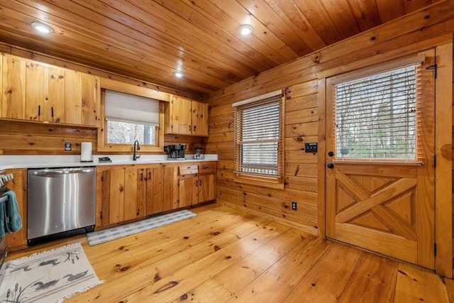 kitchen with sink, dishwasher, light hardwood / wood-style floors, wooden ceiling, and wood walls