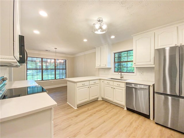 kitchen with sink, white cabinetry, kitchen peninsula, and appliances with stainless steel finishes