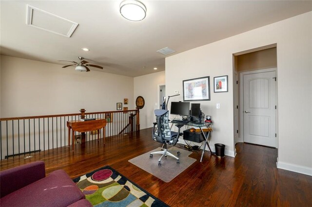 office area featuring recessed lighting, dark wood-type flooring, visible vents, baseboards, and attic access