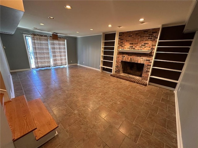 unfurnished living room with baseboards, recessed lighting, built in features, and a fireplace