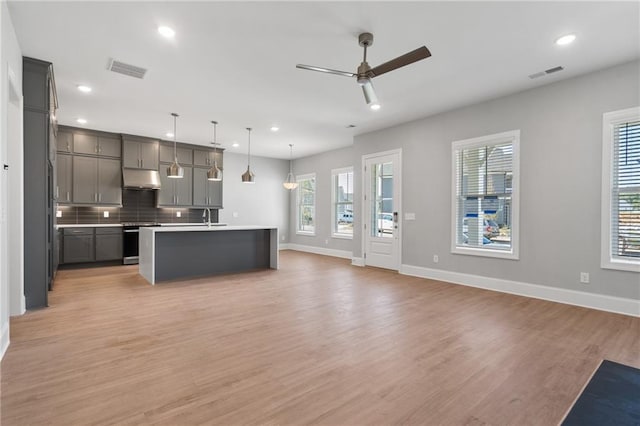 kitchen featuring a center island with sink, light wood-type flooring, pendant lighting, and a healthy amount of sunlight