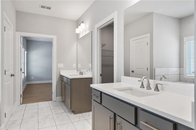 bathroom with vanity and hardwood / wood-style flooring