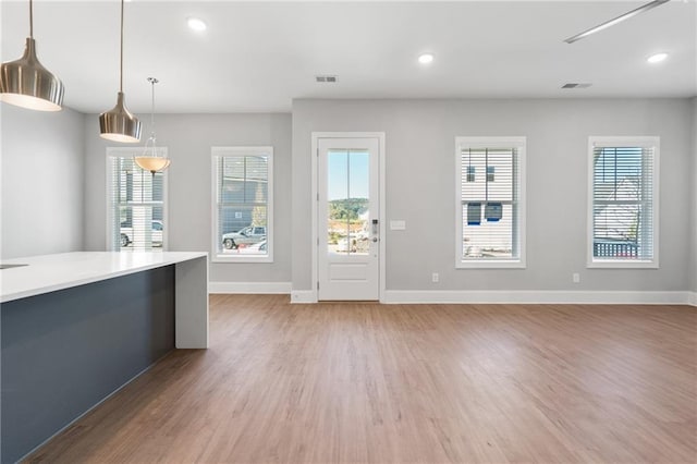 kitchen with a healthy amount of sunlight, decorative light fixtures, and hardwood / wood-style floors