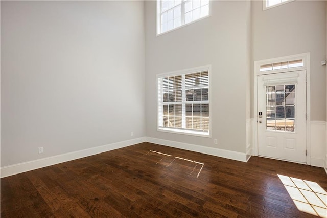 foyer featuring dark wood-type flooring, baseboards, and a high ceiling