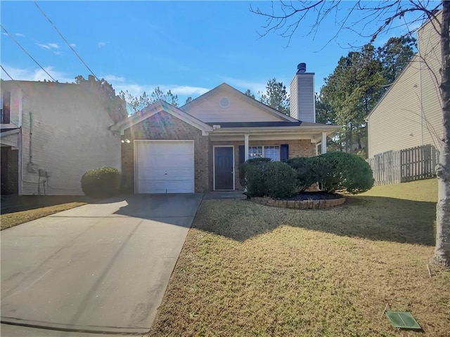 view of front of home with brick siding, a chimney, concrete driveway, an attached garage, and a front lawn