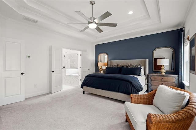 635 Opera Ln, Alpharetta, GA 30009 - carpeted bedroom with a tray ceiling, crown molding, connected bathroom, ceiling fan, and recessed lighting