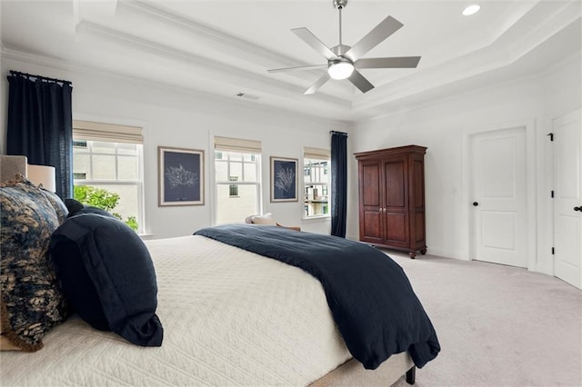 635 Opera Ln, Alpharetta, GA 30009 - bedroom with crown molding, a raised ceiling, light colored carpet, ceiling fan, and recessed lighting